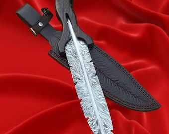 Handmade Damascus Steel Feather Hunting Knife | Custom Bowie, Leather Sheath
