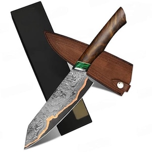 Hand-Forged Copper Damascus Chef Knife with Turquoise & Rosewood Handle | Custom Kitchen Knife | Handmade Gift