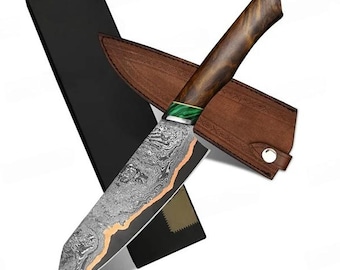 Hand-Forged Copper Damascus Chef Knife | Turquoise & Rosewood Handle