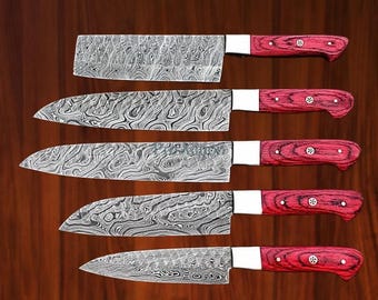 Handgesmede damast koksmessenset – handgrepen van exotisch hout, leren rol