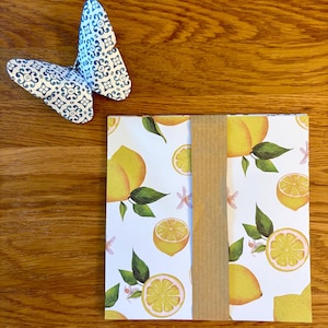 Könnte beinhalten: Ein Stapel quadratischer Papierbögen mit einem Muster aus gelben Zitronen, grünen Blättern und kleinen weißen Blüten, zusammengehalten von einem braunen Papierstreifen, ergänzt durch einen dreidimensionalen Papier-Schmetterling mit blau-weißem Fliesenmuster.