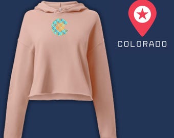 Cropped Colorado-Themed Hoodie, Colorado Pixel Art Symbol Sweatshirt, Women's Cozy Cropped Pullover