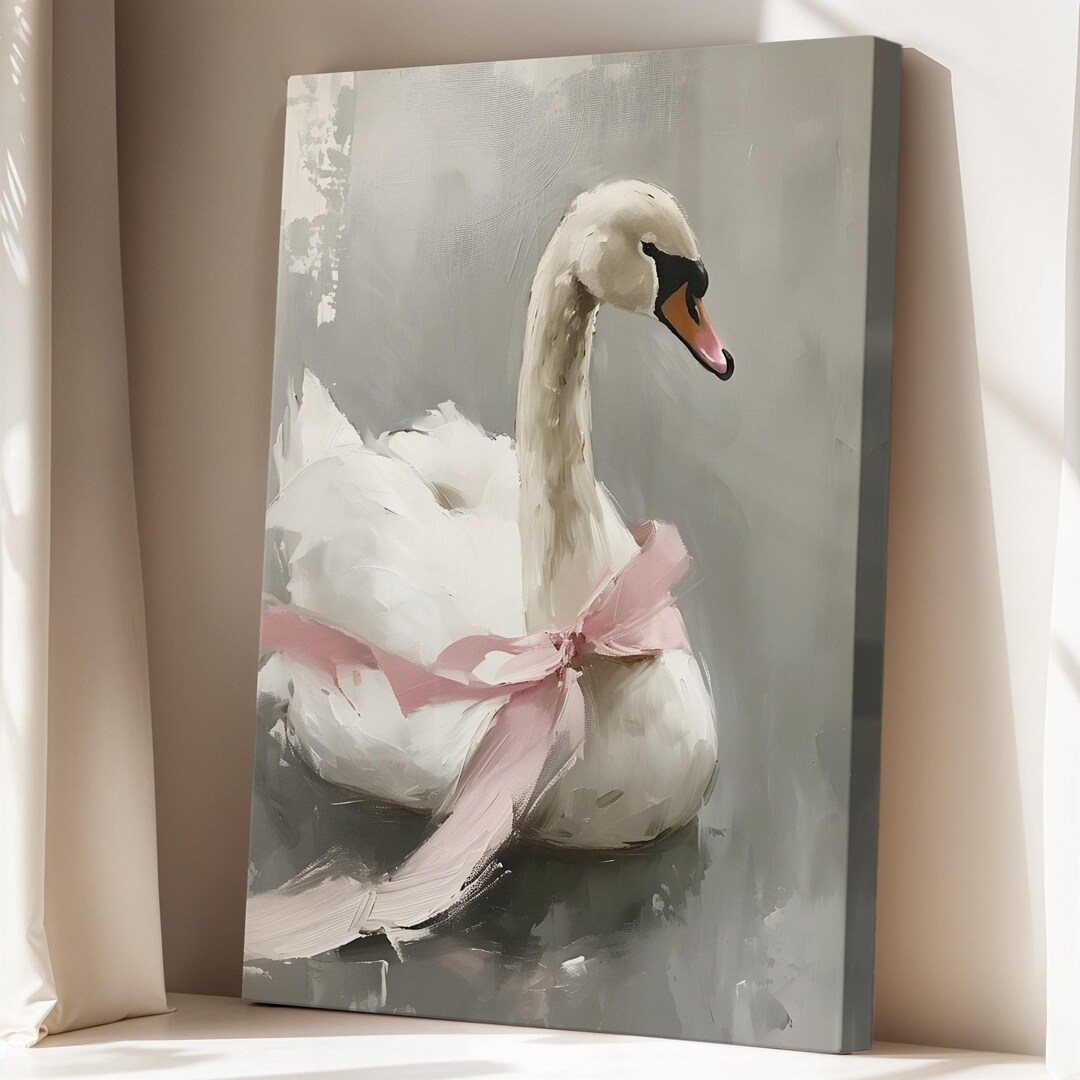 White Vintage Swan With Pink Bow Canvas Wall Art - Aesthetic Coquette ...