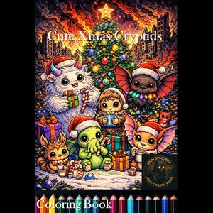 Könnte beinhalten: Ein Malbuchcover mit Weihnachtsmotiv, das Cartoon-Kryptiden zeigt. Die Illustration umfasst einen geschmückten Weihnachtsbaum, Geschenkboxen und verschiedene niedliche, monsterartige Charaktere mit Weihnachtsmützen. Der Titel "Cute Xmas Cryptids" ist oben zu sehen.