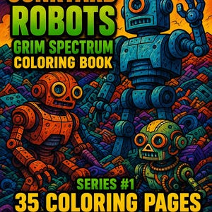 Può includere: Un libro da colorare intitolato Junkyard Robots Grim Spectrum Coloring Book Series #1 35 Coloring Pages con un grande robot blu, un robot arancione e un robot verde in piedi in mezzo a un mucchio di rottami e detriti meccanici colorati.