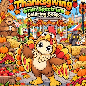 Op de afbeelding: Een kleurboekcover getiteld Cute Cryptid Thanksgiving Grim Spectrum Coloring Book met 44 Coloring Pages. De illustratie toont een centraal personage in een kalkoenkostuum, een Bigfoot, een slang en een figuur met een kap in een park.
