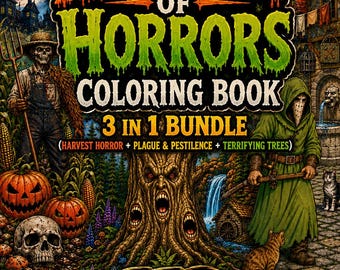 Harvest of Horrors Coloring Book | 3 in 1 Horror Bundle | Adult Coloring Book | 113 Printable Pages | Digital Download | Grim Spectrum