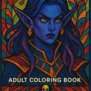 May include: Adult coloring book titled "Dark Elves of the Shadows." The cover features a blue-skinned elf with long purple hair and yellow eyes. The book is published by Grim Spectrum, with a skull logo.