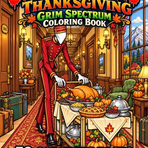 May include: A colouring book titled Creepy Cryptid Thanksgiving Grim Spectrum Colouring Book with 50 colouring pages. The cover features a faceless figure in a red uniform pushing a cart with a roasted turkey, pie, and pumpkins in a hotel hallway.