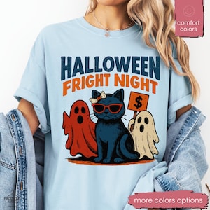 Halloween Black Cat & Ghost Comfort Colors Shirt, Halloween Ghost Tshirt, Spooky Season Cat Tee, Halloween Cute Women Outfit, Halloween Gift