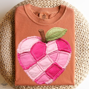 May include: A rust-colored t-shirt with a patchwork apple design in shades of pink. The apple has a brown stem and a green leaf. The shirt has a Comfort Colors tag.