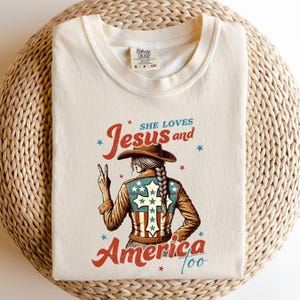 Retro USA Sweatshirt, She Loves Jesus And America Too, Womens USA Crewneck Sweatshirt, USA Shirt, America Sweatshirt, 4th of July Sweatshirt