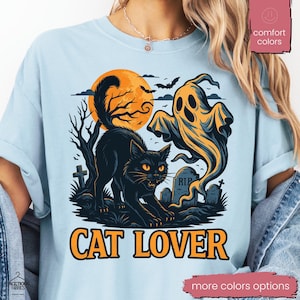 Halloween Black Cat & Ghost Comfort Colors Shirt, Halloween Ghost Tshirt, Spooky Season Cat Tee, Halloween Cute Women Outfit, Halloween Gift