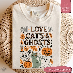 Halloween Black Cat & Ghost Comfort Colors Shirt, Halloween Ghost Tshirt, Spooky Season Cat Tee, Halloween Cute Women Outfit, Halloween Gift