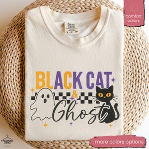 Halloween Black Cat & Ghost Comfort Colors Shirt, Halloween Ghost Tshirt, Spooky Season Cat Tee, Halloween Cute Women Outfit, Halloween Gift