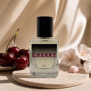 May include: A rectangular glass perfume bottle with a black cap, featuring a label that reads CHERRY CRYSTAL BY B.UNIQ. The bottle contains a clear liquid and is positioned next to several dark red cherries and light pink flower blossoms.