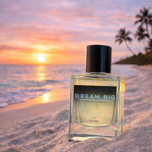 May include: A clear rectangular perfume bottle with a black cap, labeled "DREAM BIG" and "EAU DE PARFUM" on a black label. The bottle sits on a sandy beach with a sunset in the background. The brand name "BUNIQ" is at the bottom.