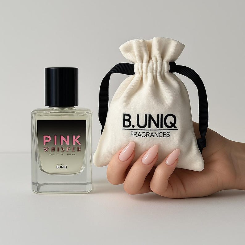 May include: A clear glass perfume bottle with a black cap and the words "PINK WHISPER" in pink. A small cream-colored drawstring bag with the text "B.UNIQ FRAGRANCES" is held in a hand.