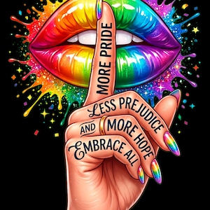 More Pride Less Prejudice PNG LGBTQ Rainbow Lips Tee Pride Month T-Shirt Equality Gift LGBT Support, Gay Pride Graphic for Sublimation