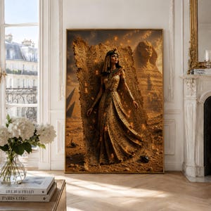 May include: A framed wall art print depicting a figure in an ornate gold dress standing before a large, weathered stone tablet covered in hieroglyphics, with the Great Sphinx of Giza visible in the background under a warm, glowing desert sky.
