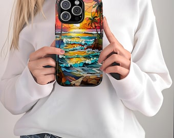 Stained Glass Sunset Beach iPhone Case, Coastal Art