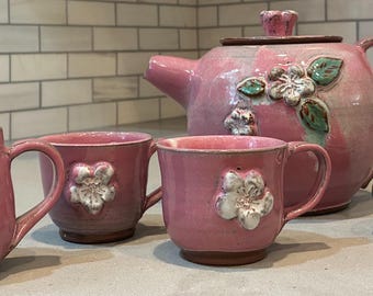 Pink Tea Set with Flowers Hand Made Stoneware