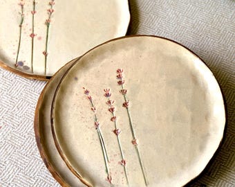 Ceramic Dinner Plate Set with Pressed Lavender Cottagecore Botanical Stoneware Dessert Plates Rustic Floral Dinnerware