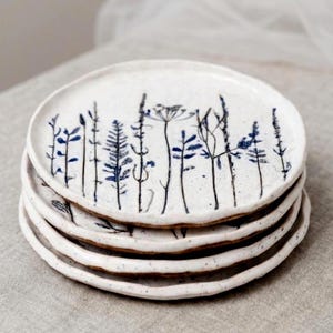 Botanical Dinner Plates Set Handmade, Pressed Flower Ceramic Plates, Rustic Pottery Dinnerware, Cottagecore Tableware, Wedding Gift