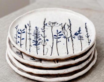 Botanical Dinner Plates Set Handmade, Pressed Flower Ceramic Plates, Rustic Pottery Dinnerware, Cottagecore Tableware, Wedding Gift