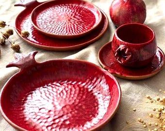 Pottery Dinnerware Set Handmade Red Ceramic Plates Rustic Kitchen Decor Unique Tableware Mediterranean Gift