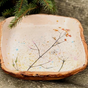 Handmade Ceramic Plate Rustic Botanical Dinnerware Floral Pottery Dish Cottagecore Kitchen Decor Boho Serving Plate Wabi Sabi Pottery Dish