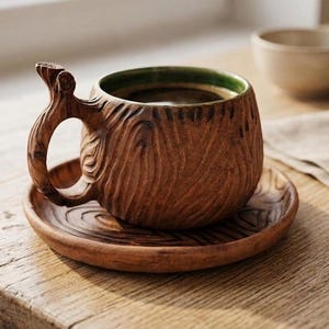 May include: A handcrafted wooden mug with a matching saucer. The mug features a unique carved wood grain design and a handle shaped like a tree branch. The interior has a green rim. The mug is filled with a dark liquid, likely coffee or tea.