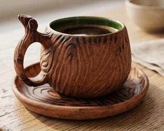 Wood Texture Ceramic Mug, Handmade Stoneware Coffee Cup, Rustic Green Glazed Mug, Nature Inspired Gift, Artisan Pottery