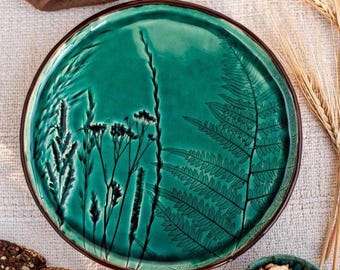 Botanical Ceramic Serving Platter Handmade Pottery Tray for Cheese, Cake & Appetizers, Rustic Artisan Hostess Gift