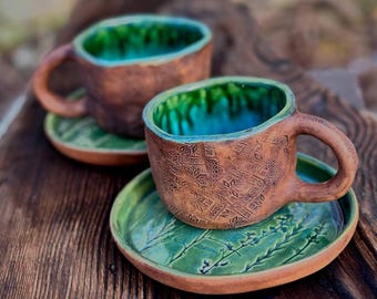 Ceramic Mug and Saucer – Handmade Rustic Pottery Cuppucino Cup, Nature Inspired Green Glaze, Boho Tea & Coffee Set, Wabi Sabi Gift for Mom