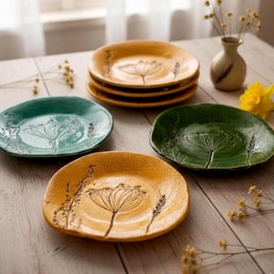 Handmade Botanical Ceramic Plate Set Rustic Pottery Dinnerware, Artisan Clay Dessert Plates, Unique Ceramic Gift