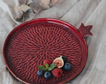 Granaatappelbord, keramische fruitborden, handgemaakt dessertbord, rood aardewerken schaal, saladebord, aardewerk servies
