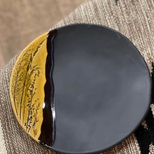 Minimalist Black & Yellow-Gold Ceramic Plate Handmade Modern Stoneware Dinnerware Botanical Wabi Sabi Plates Rustic Artisan Pottery Dish