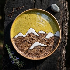 Pode incluir: Um prato redondo de cerâmica com um design de paisagem, apresentando um céu amarelo salpicado sobre montanhas castanhas texturizadas cobertas com um esmalte branco liso. O prato tem uma borda elevada e um acabamento brilhante com relevo.