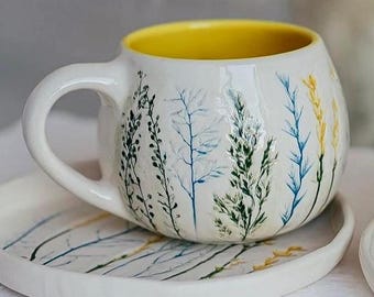 Cappuccino Cup and Saucer Set Handmade Ceramic Coffee Set Blue & Yellow Floral Mugs Pottery Cup Rustic Kitchen Drinkware Gift