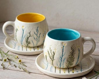Cappuccino Cup, Cappuccino Mug and Saucer Set, Stoneware Coffee Mug, Wildflower Pottery Cup, Blue or Yellow Ceramic Coffee Set