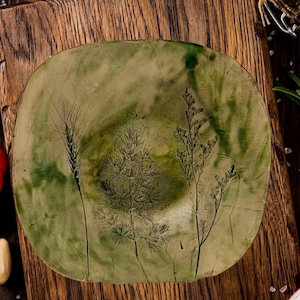 Handmade Large Serving Platter with Botanical Imprint – Rustic Ceramic Plate, Decorative Bowl, Fruit Dish, Dinnerware Gift, Farmhouse Decor