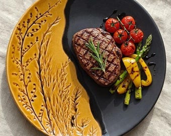 Matte Black Dinner Plates Set, Handmade Stoneware Dinnerware, Modern Ceramic Plates, Botanical Pottery, Rustic Luxury Tableware