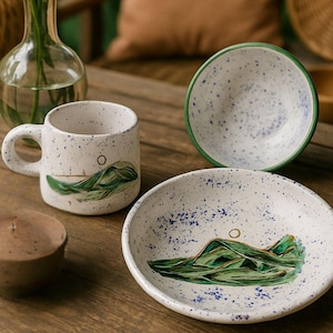 Rustic Pottery Dinnerware Set – Boho Ceramic Plates, Bowls & Mountain Mug – Stoneware Gift for Her or Him –  Wabi Sabi Cottagecore Tableware