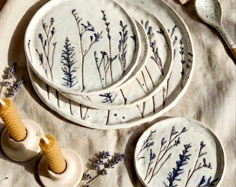 Dinner Plate Ceramic, Botanical Dinnerware, Pressed Flower Plate, Handmade Ceramic Plate, Rustic Tableware, Wedding Plates