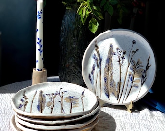 Ceramic Dinner Plates with Pressed Wildflower Rustic Floral Pottery Cottagecore Wabi Sabi Dishes Dessert Plate Botanical Boho Dinnerware