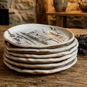 Puede incluir: Una pila de seis platos redondos de cerámica con un esmalte moteado en color blanco roto. Cada plato presenta un diseño botánico pintado a mano en tonos azules y marrones, que representa hierbas y flores silvestres con bordes ondulados.