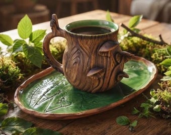 May include: A brown ceramic mug with a textured wood grain surface and sculpted mushroom accents, featuring a handle shaped like a tree branch. The mug rests on an oval green ceramic tray with a leaf pattern embossed on the surface.