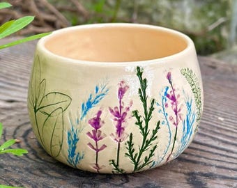 Botanical Ceramic Mug with Wildflowers – Handmade Boho Floral Pottery Bowl, Rustic Cottagecore Tea Cup, Matcha Bowl, Gift for Her