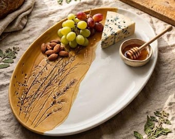 Charcuterie Board, Ceramic Serving Platter 12", Oval Cheese Platter, Botanical Pottery Tray, Modern Stoneware Dish